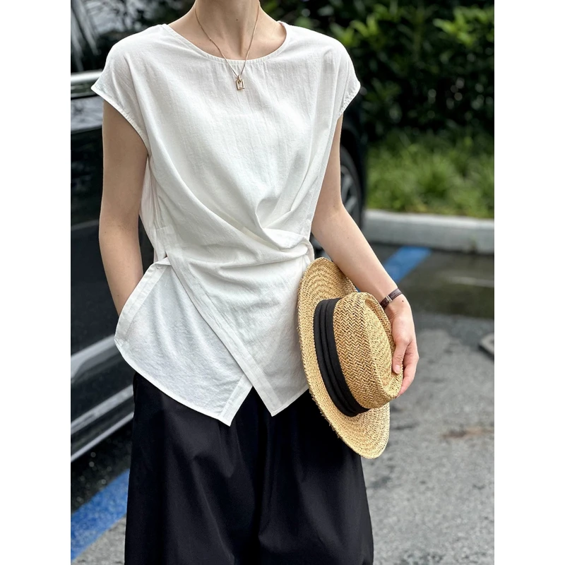 

Summer New Sleeveless Irregular Temperament Blouse Solid Loose Simplicity Vintage Basic Shirt Tops Elegant Fashion Women Clothes