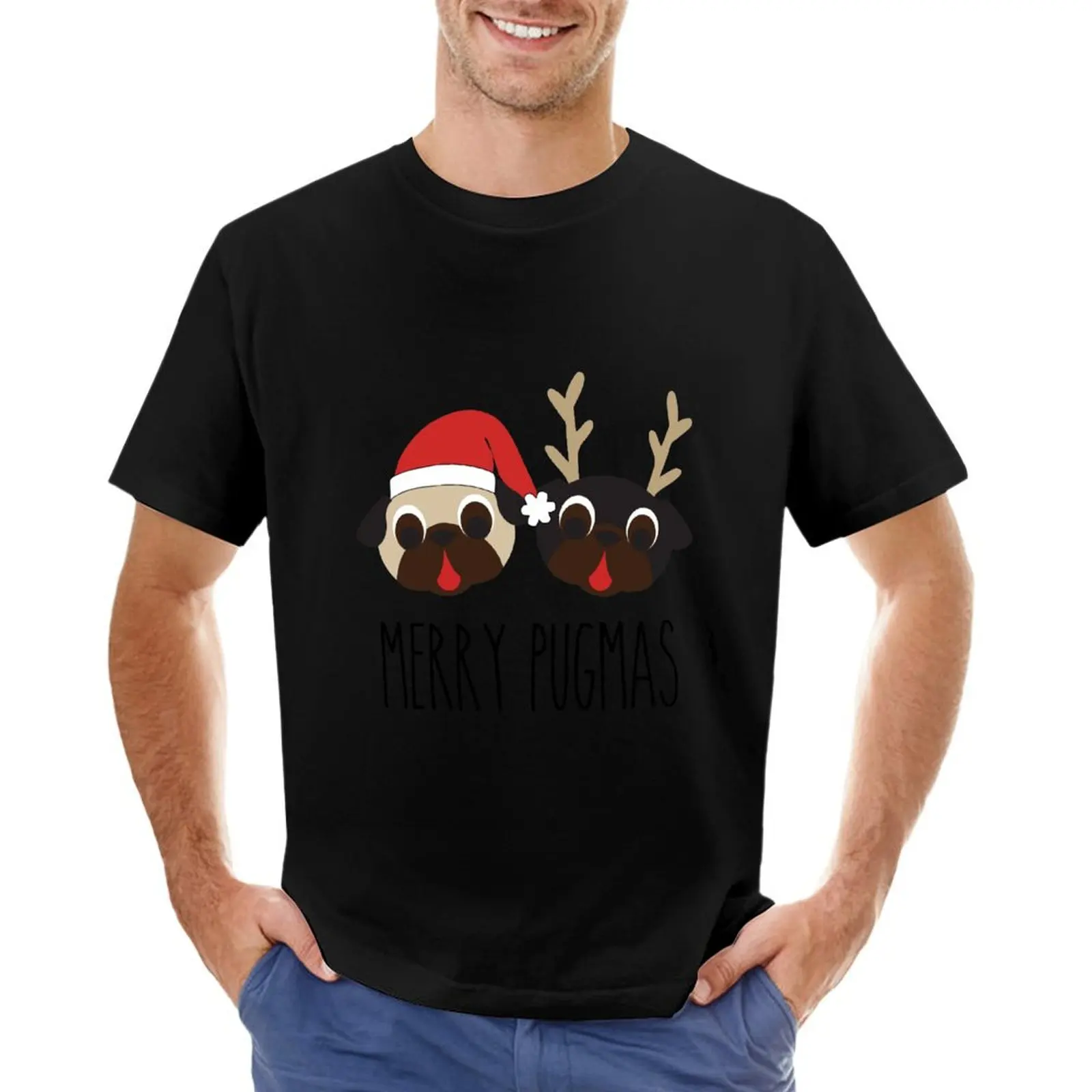 Merry Pugmas Santa & Reindeer Pugs Pattern 2 T-Shirt oversized graphic tee Aesthetic clothing mens clothing