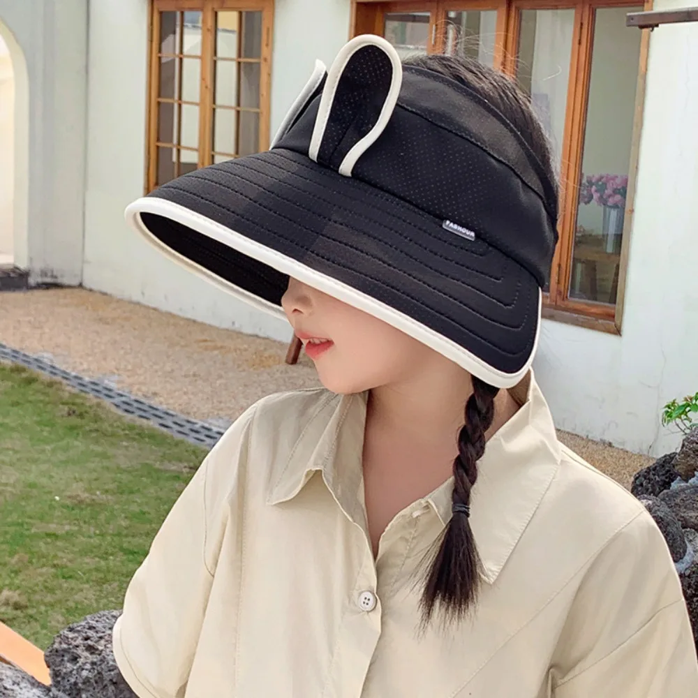 

Korean Style Wide Brim Peaked Cap Empty Top Breathable Rabbit Ear Sunhat Adjustable Cotton Kids Sun Protection Hat Summer