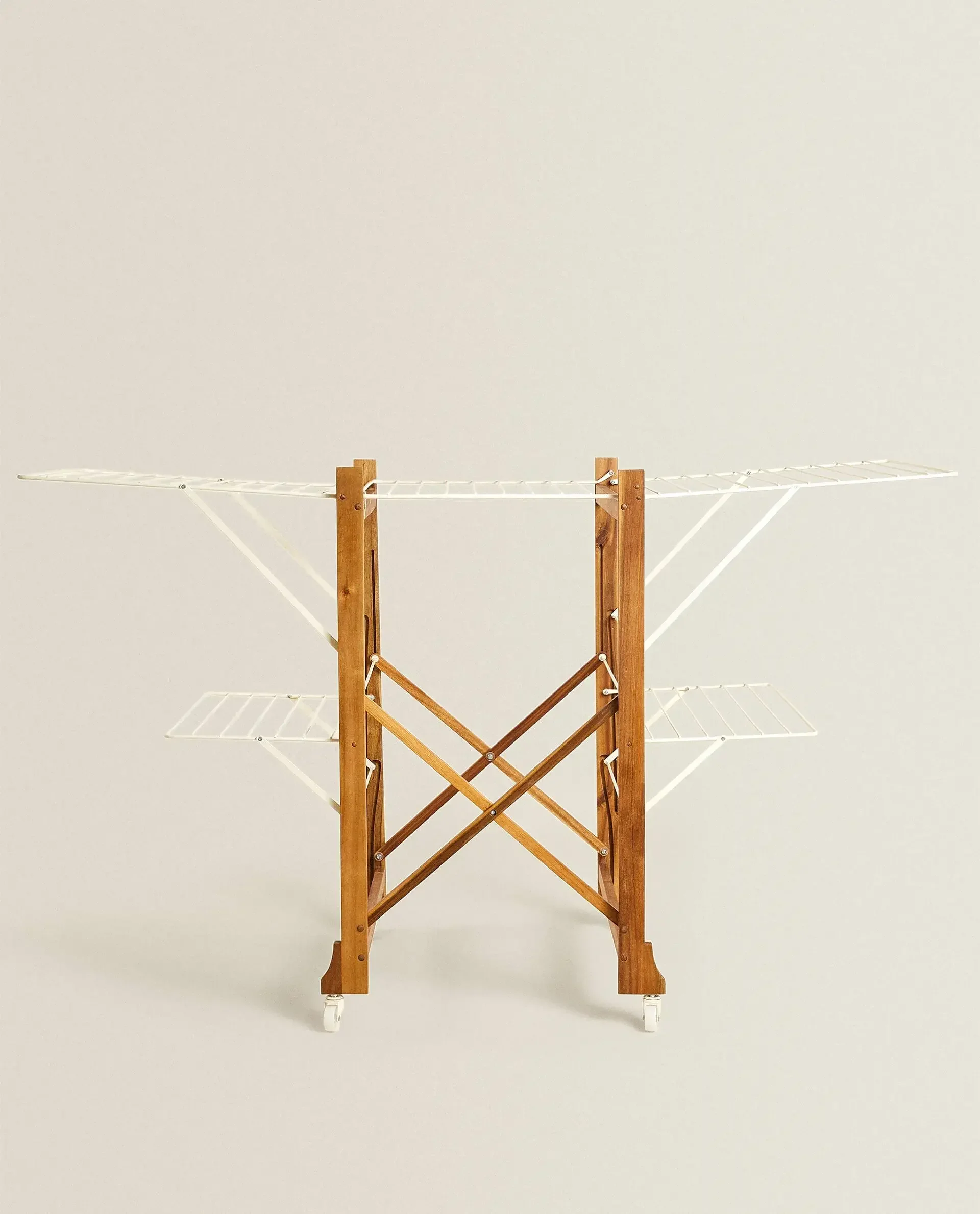Folding Removable Wooden and Metal Drying Rack with Roller