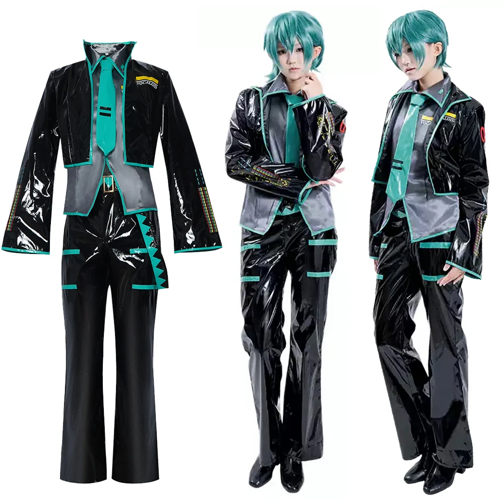 Disfraz de Cosplay de Anime Mikuo Versión Masculina, Uniforme, Chaqueta de Cuero PU Negra, Atuendo Elegante para Fiesta de Halloween, para Hombres y Mujeres