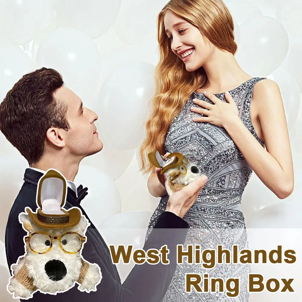Bear Plush West Highland Puppy Doll Ring Box Dog Ring Display Wedding Ring Case Engagement Ring Cartoon Couple Rings Holder
