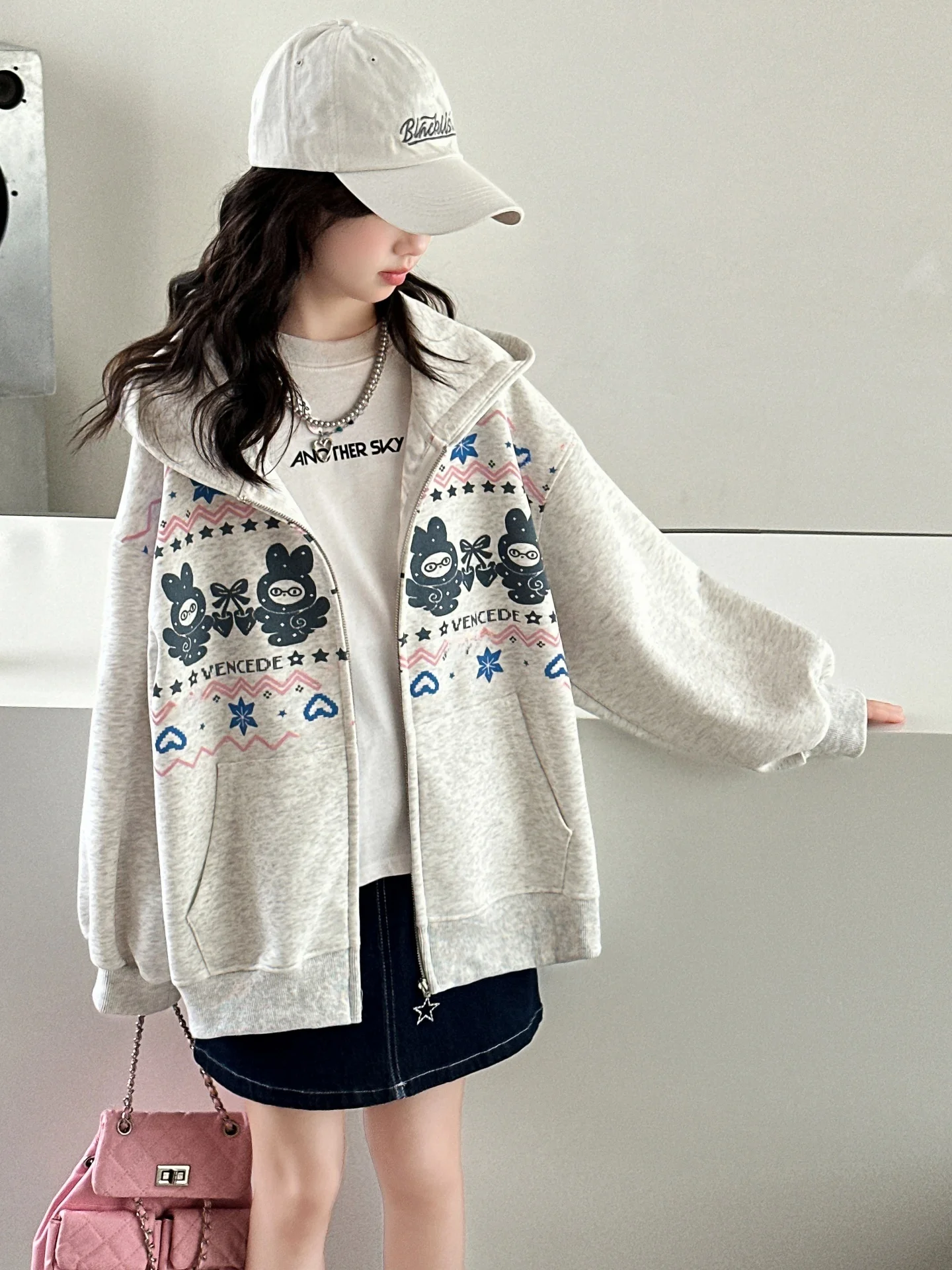 

Spring Printed Jaet for Girls Middle School Student Baseball Sle Coat with Hood Long Sve Zipper Closure Casual Faion