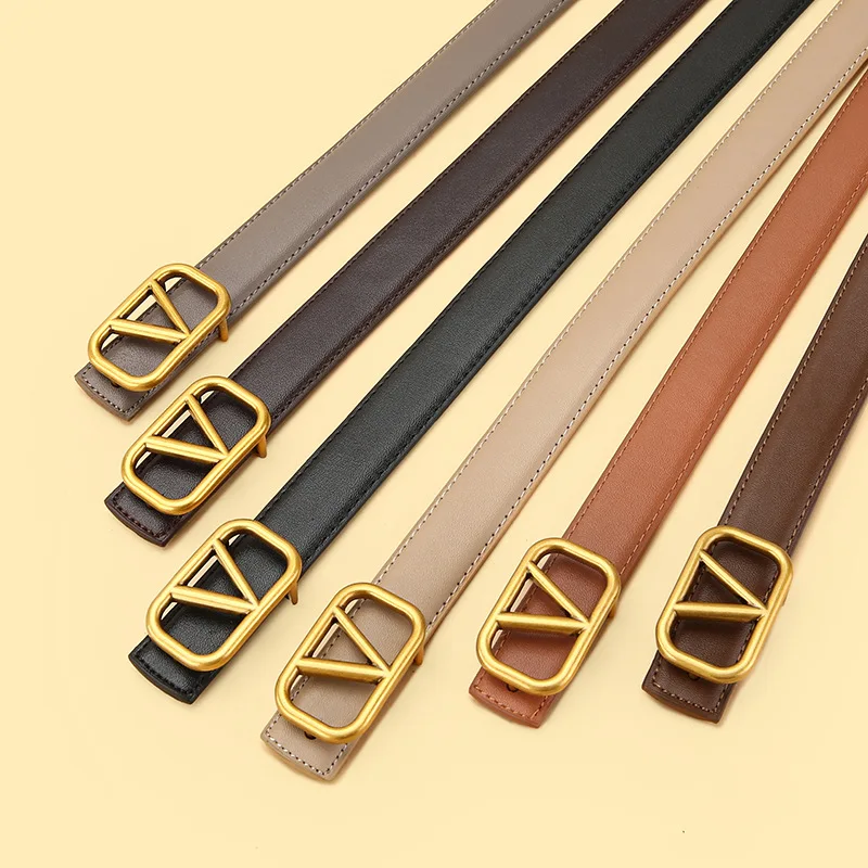 حزام جلد مزخرف للسيدات جينز كاجوال متعدد الاستخدامات حزام خصر نحيف عالي الجودة يشعر بسيط بإبزيم معدني على شكل حرف V
