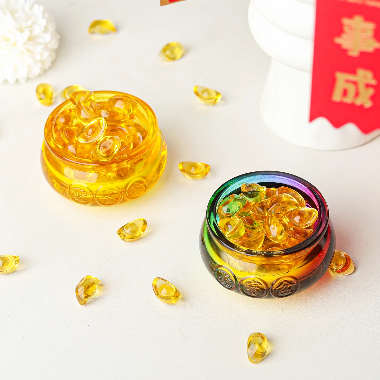 3.2Inch Handmade Crystal Golden Treasure Basin with 45pcs Ingot/Yuan Bao Good Luck Wealth Prosperity Collectibles Feng Shui