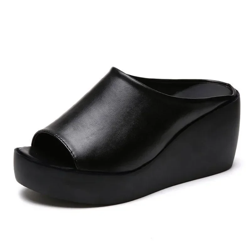 Fashion Women Elevated Wedge Slippers Peep Toe Platform Slip On Sandals Soft Leather Casual Summer Outdoor Mules