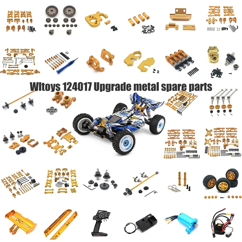 

Комплект для модернизации радиоуправляемых моделей Wltoys 124017, 124019, 124007: металлические поворотные рычаги, центральный приводной вал, шестерни, задний бампер, ESC, бесщеточный двигатель