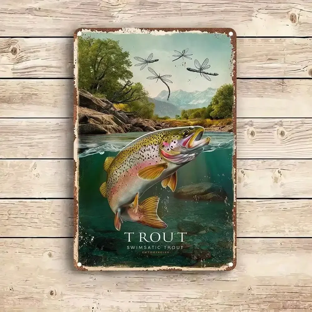Vintage Trout Fishing Metal Tin Sign, Retro River Landscape Fly Fishing Wall Art Decor, Rustic Fisherman Gift for Man Cave, Gara
