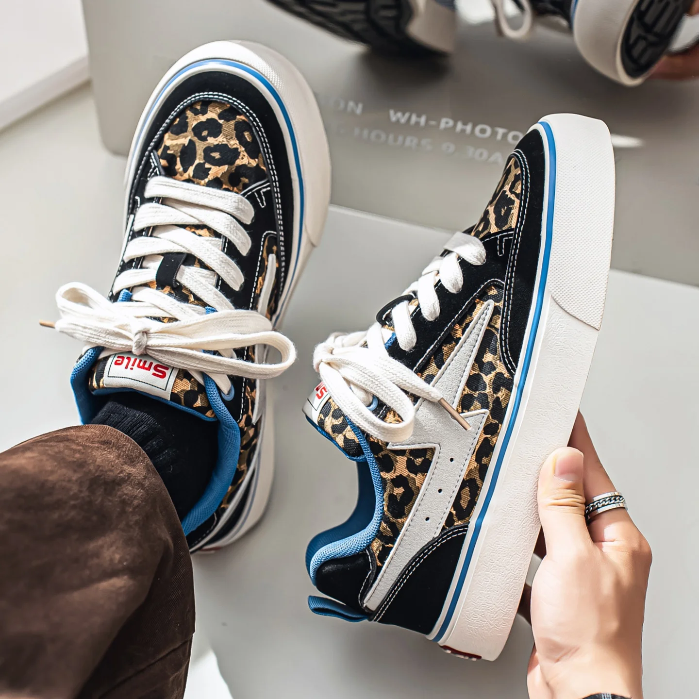 Casual Camouflage Leopard Print Men's Board Shoes Breathable Synthetic Leather And Fabric Upgraded Version Flat Heel Rubber Sole