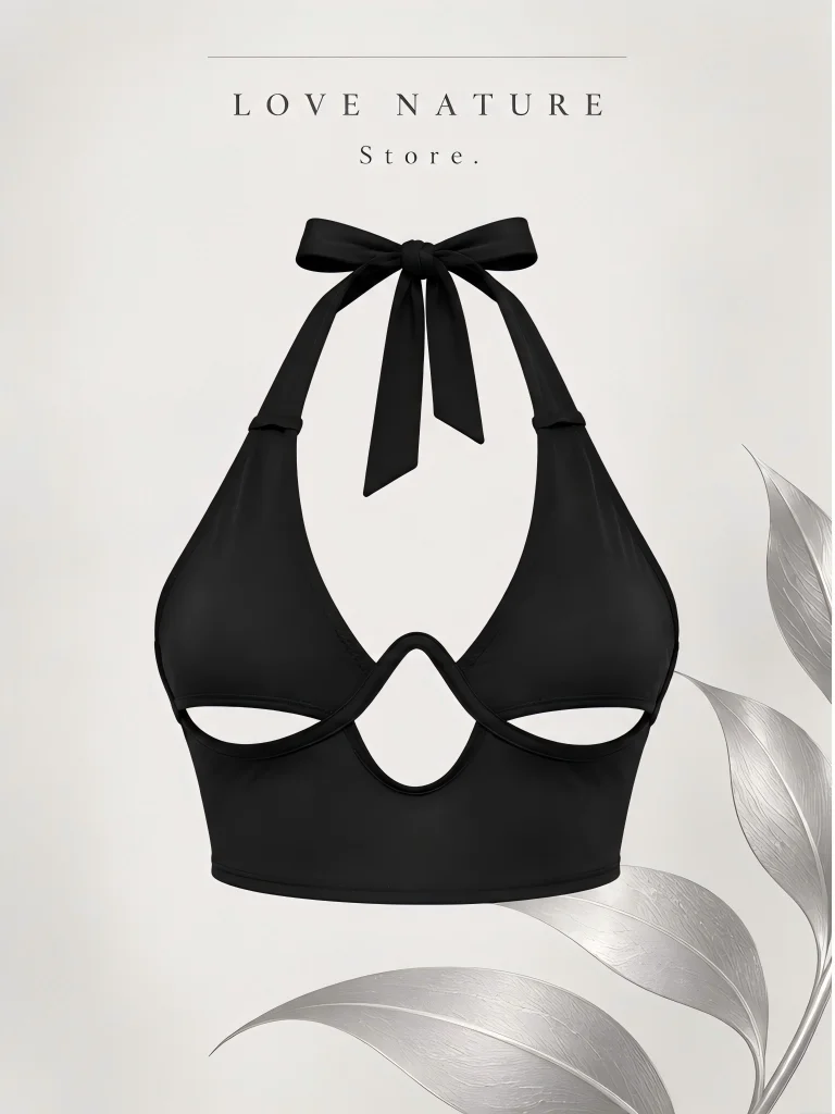 【LOVE NATURE Store】Women’s Black Cutout Halter Top, Tie Neck Crop Bustier