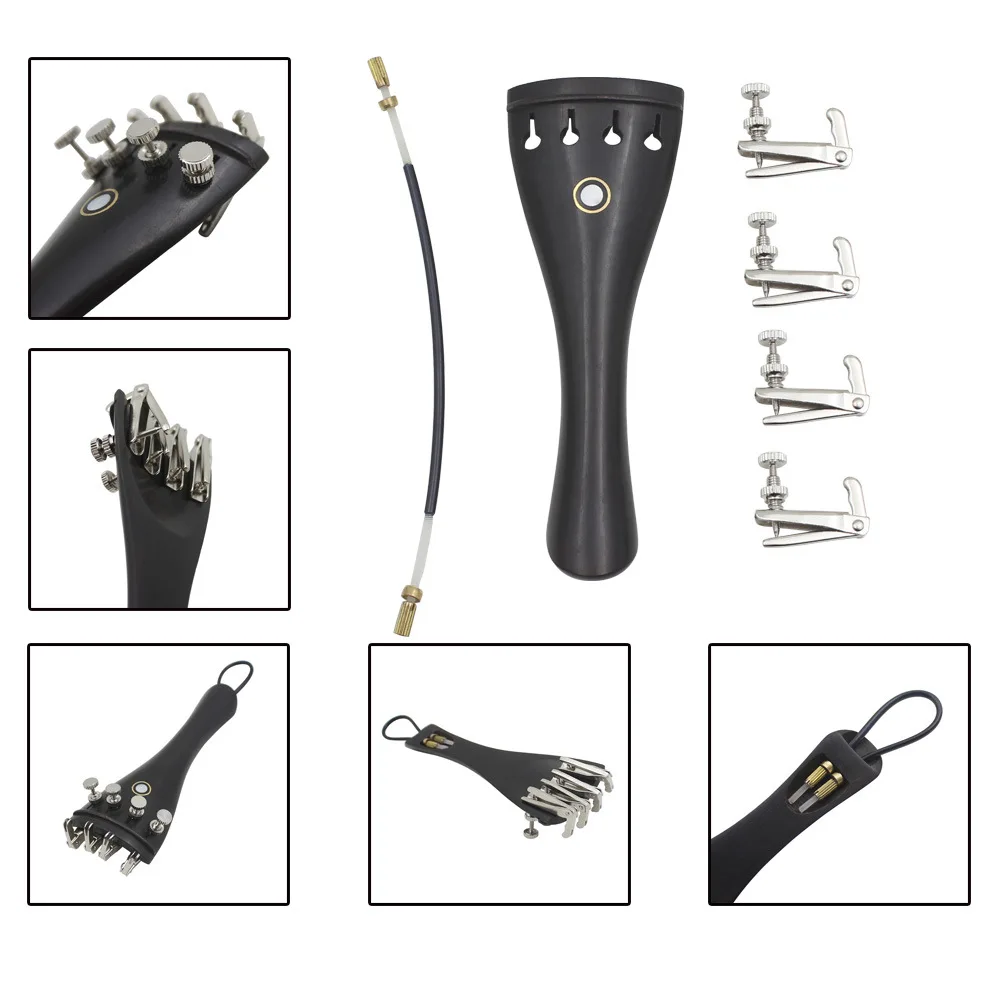 Violin Repair Parts Ebony Tailpiece with Nylon Tailgut 4 Fine Tuners Complete Replacement Set for Violin Instrument Accessories