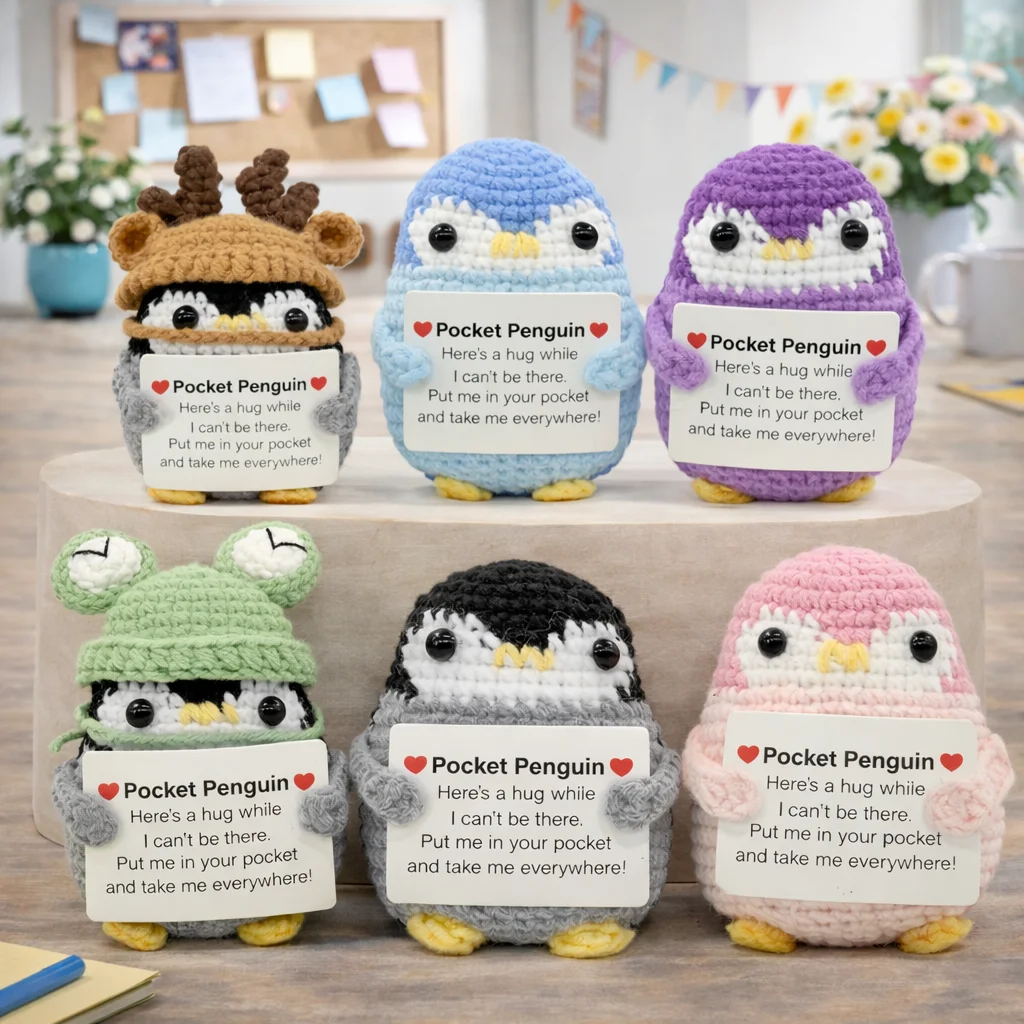 AnimalSeries Positive Energy Penguin Crochet Doll, Handmade Knitted Decor Ornament with Encouragement Card, Mini Desk Decor Gift