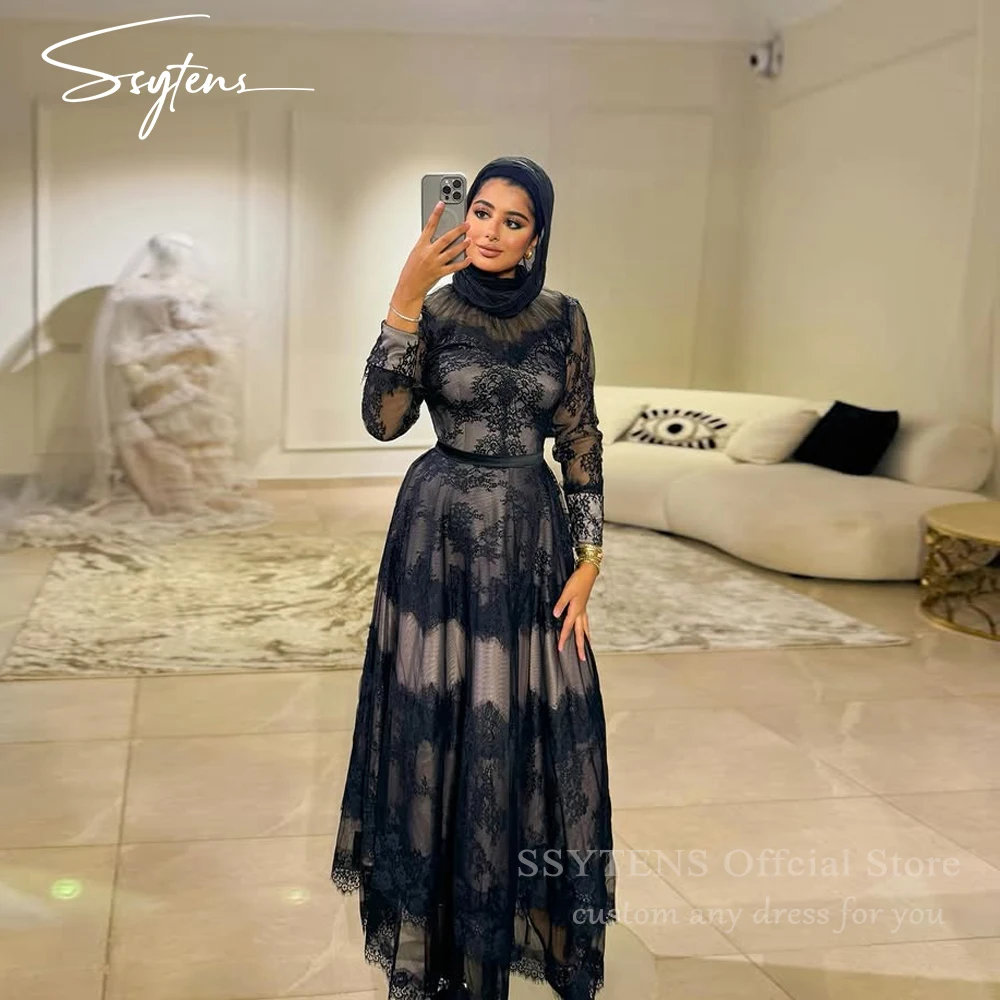 

SSYTENS Black Lace Evening Dresses Long Sleeves Saudi Arabric Prom Dress Ankle Length Luxury A-Line Dubai Prom Gowns Customized