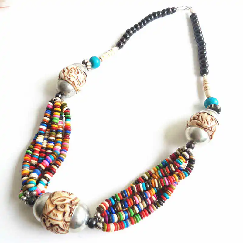 TNL235 Tibetan Handmade Colorful Yak Bone Carved Flower Ball Necklace Ethnic Vintage Jewelry