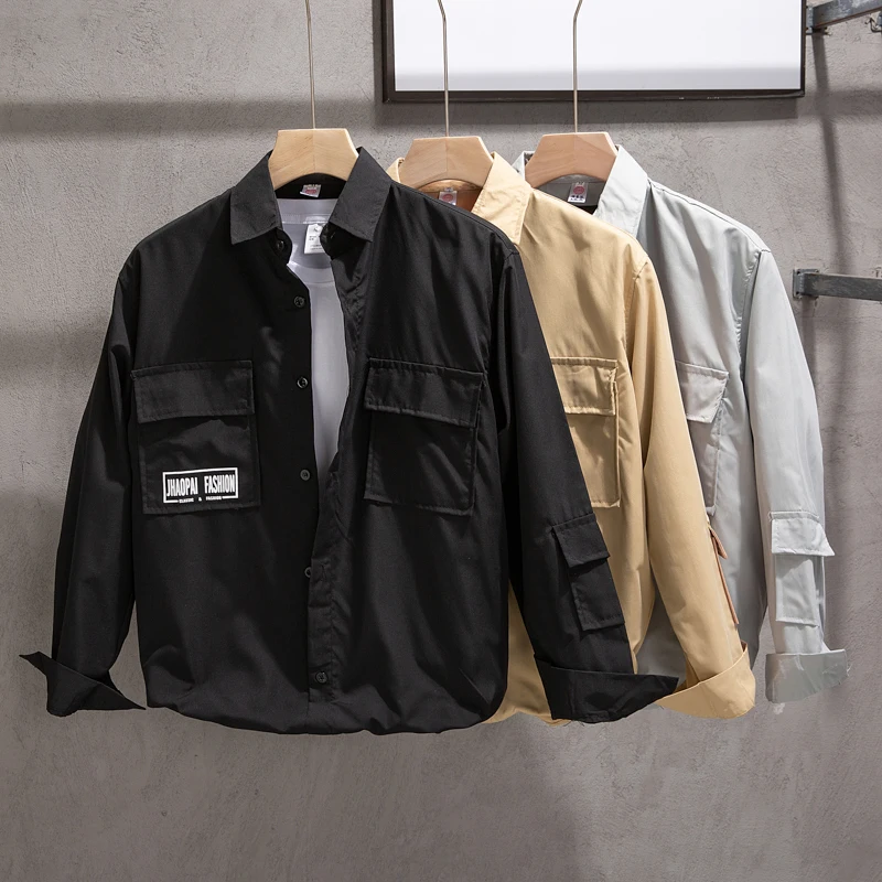 

Black Workwear Shirt Men's Spring Design Unique Hong Kong Style Long Sleeve Japanese Style Pure Color Loose Fit Youth Trend