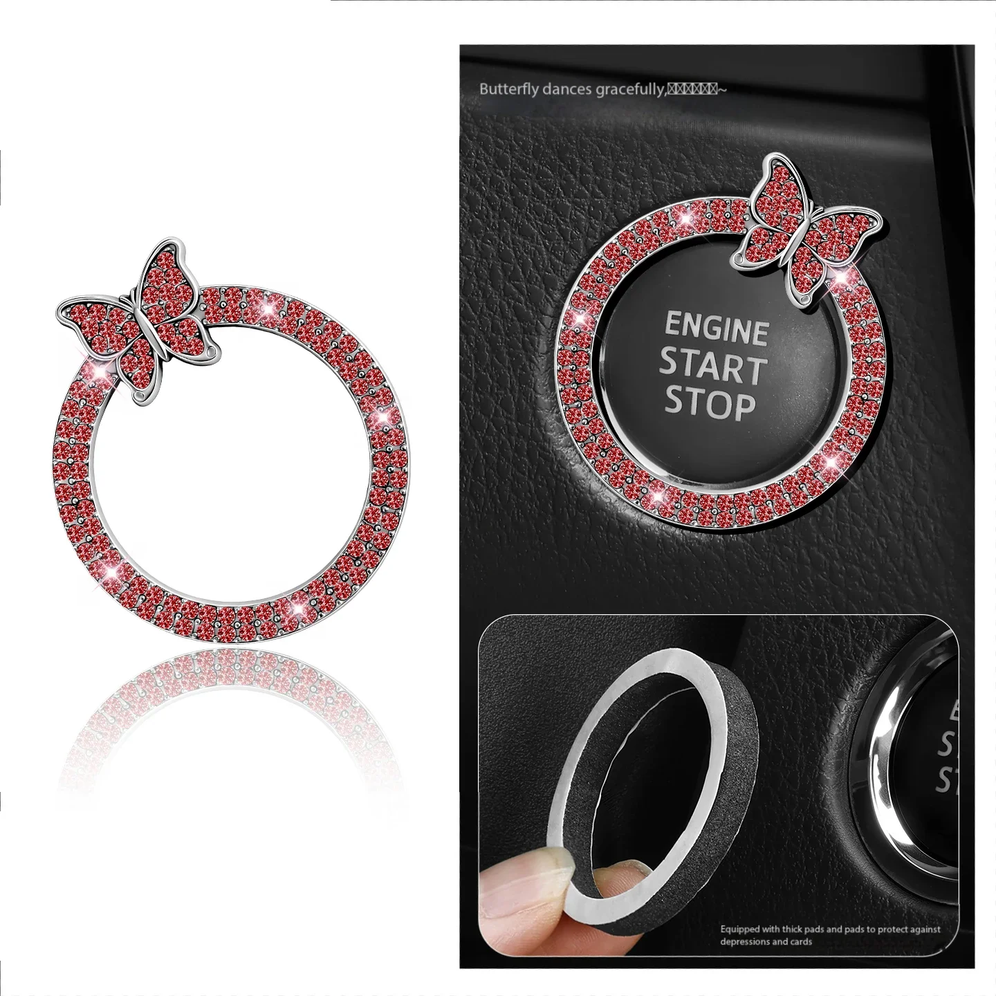 Car One Click Start Decoration Water Diamond Paste Beautiful Inlaid Diamond Interior Ignition Switch Button Protective Cover