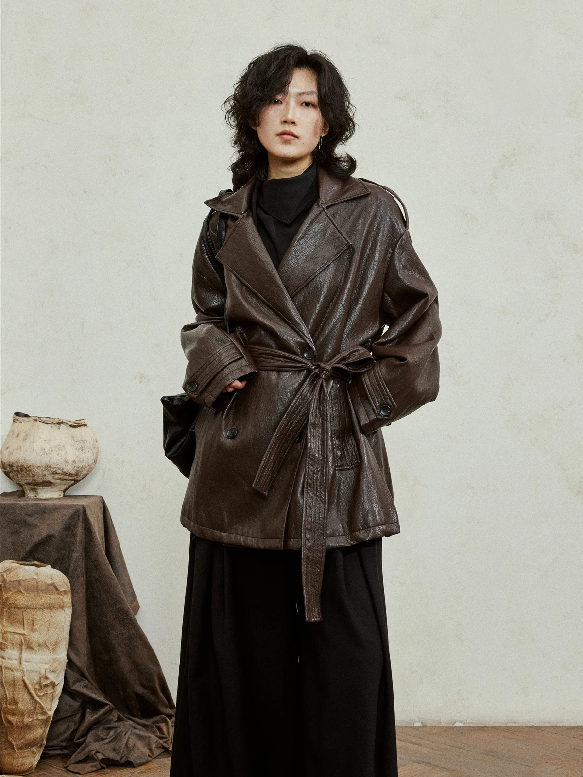 Sunyvonne Vintage  Mid-Length Waist-Cinching Double-Breasted Leather Jacket Retro Style Long-Sleeve Coat for Women