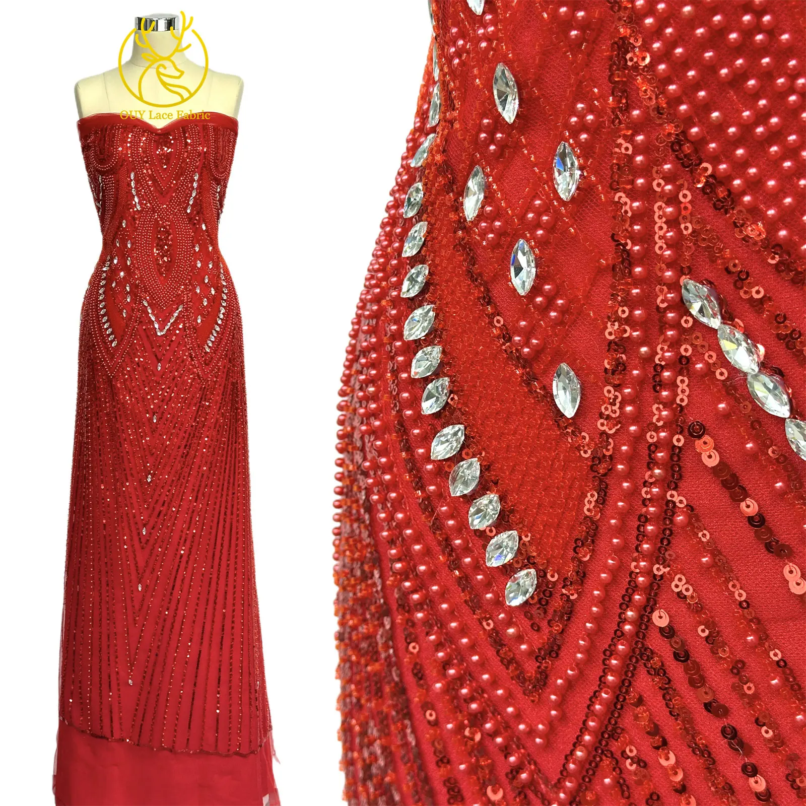 Red African Beaded Gemstone Lace Fabric High Quality French Sequins Stone Tulle Lace Nigerian Women Party Wedding Dress Sewing