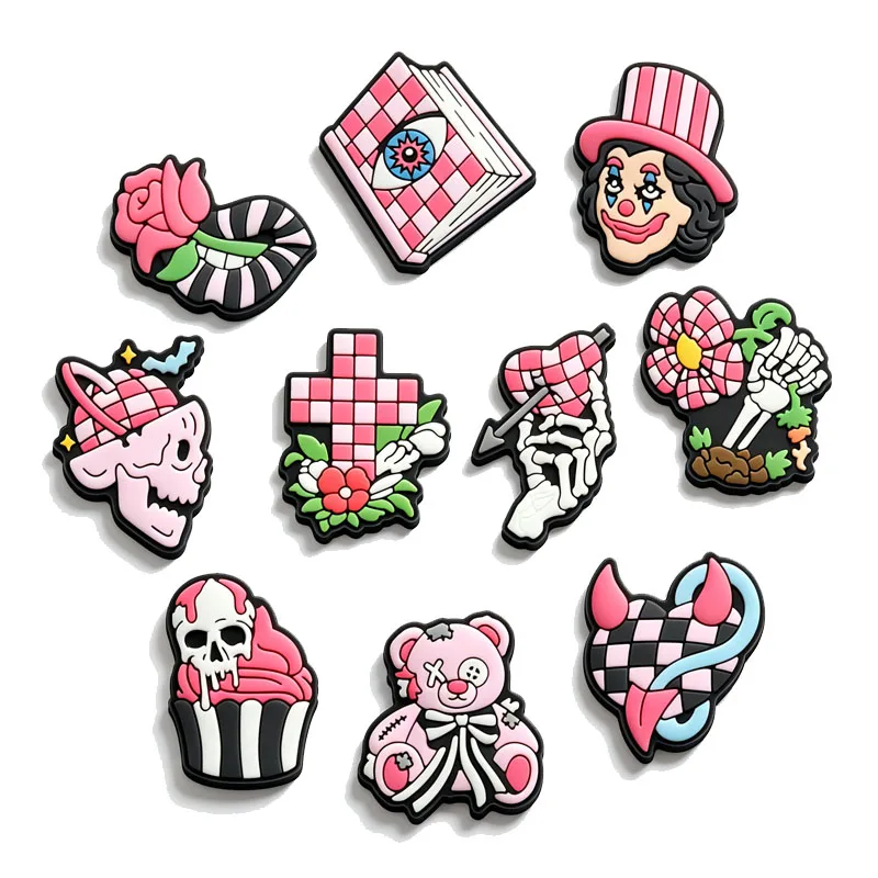 10-100PCS Gothic Pink Skull Shoe Charms Spooky Bear Skeleton Shoe Pins for Croc Best Halloween Gift