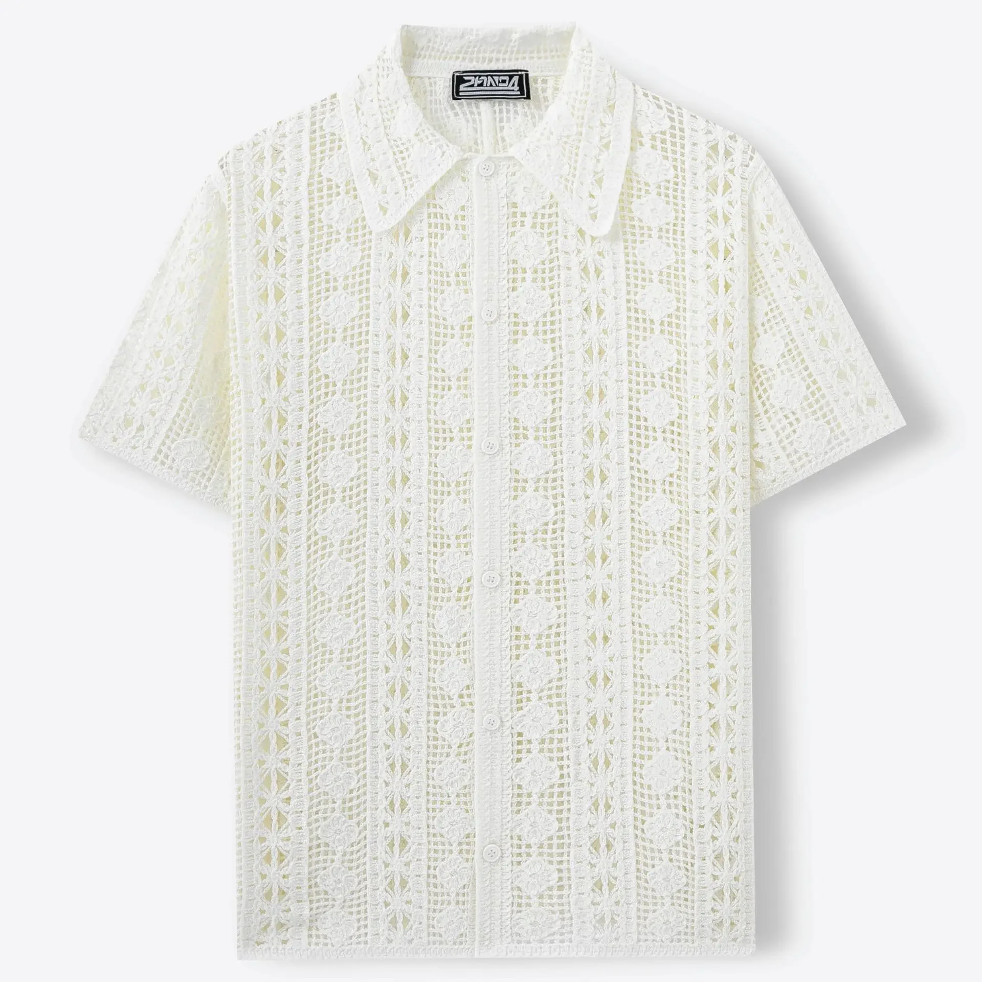 European American New Fashion Men White Solid Color Short Sleeve Turn-down Collar Loose Fit Casual Knitted Hollow Out Cardigans