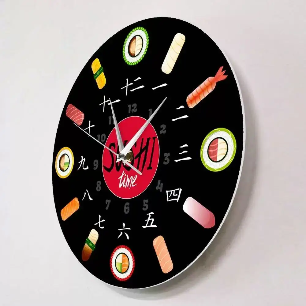 Japanische Sushi-Wanduhr, köstliches Essen, Nigiri, Maki, geräuschlose Quarzuhr, Dekoration für Küche, Restaurant, Esszimmer, Geschenk für Köche und Feinschmecker