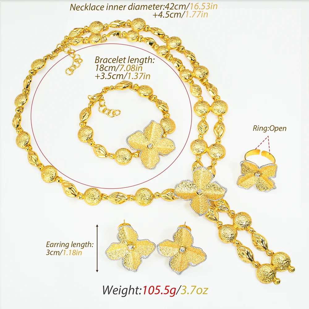 GZJPEI Dubai 18K Gold Plated Clover 4Pcs Jewelry Set Dubai Design Tassel Pendant Necklace Bracelet Earrings Ring 2026 New