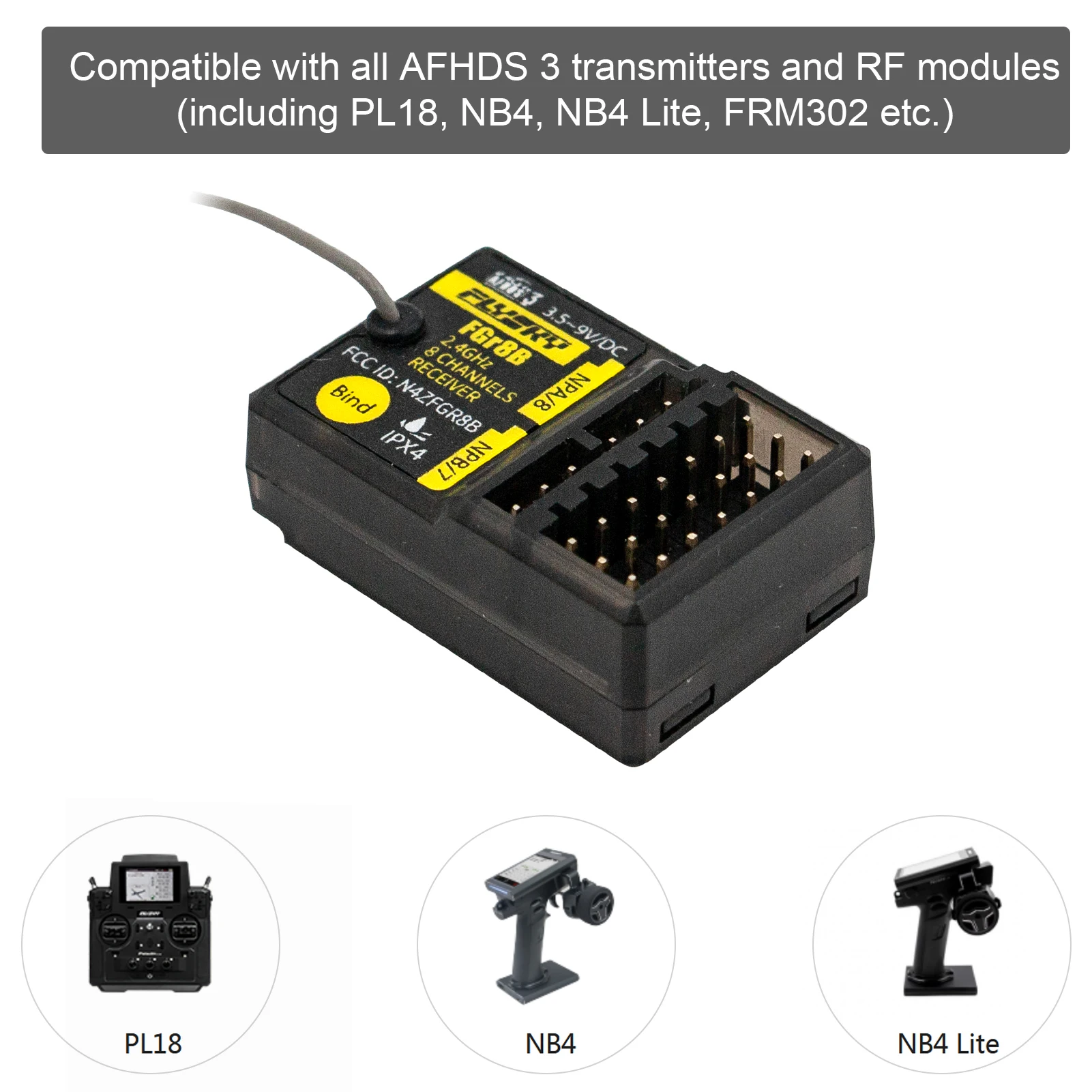 FLYSKY FGR8B 2.4GHz 8CH odbiornik PWM/ PPM/ i-bus dla nadajników AFHDS3 moduły RF PL18/ NB4 /NB4 Lite/ FRM302 NB4 PRO