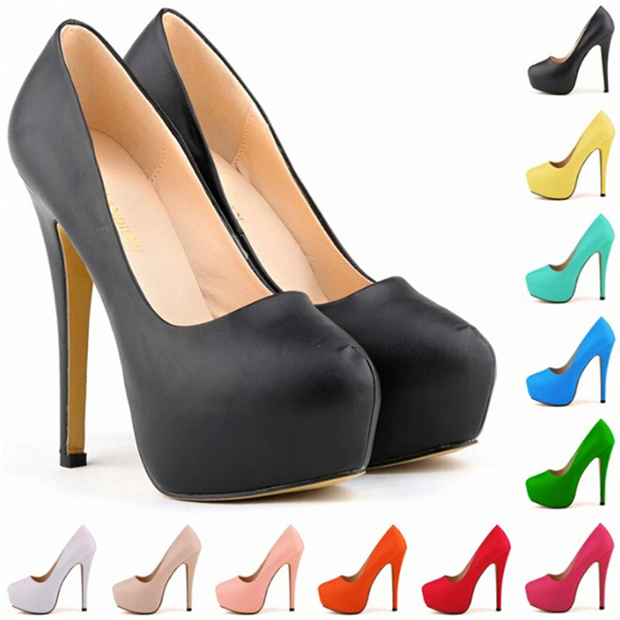 New Fashion Platform Soft Leather Women Pumps Shallow Super High Heels 14cm Round Toe Female Black Red Wedding Shoes Party