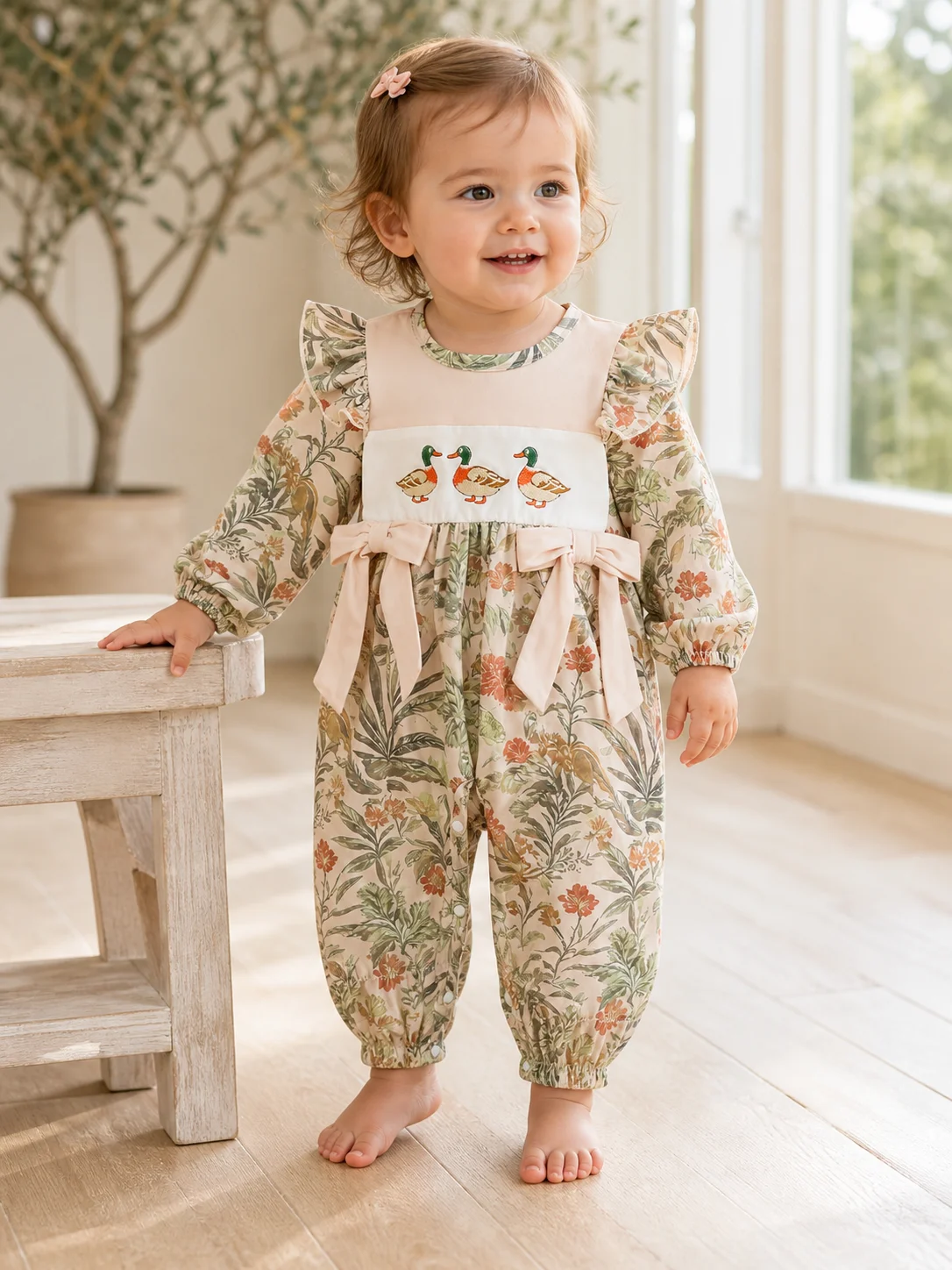 Newborn Baby Girl Duck Embroidery Romper Floral Print Ruffle Long Sleeve Jumpsuit Bow Decor Fall Infant One Piece Outfit