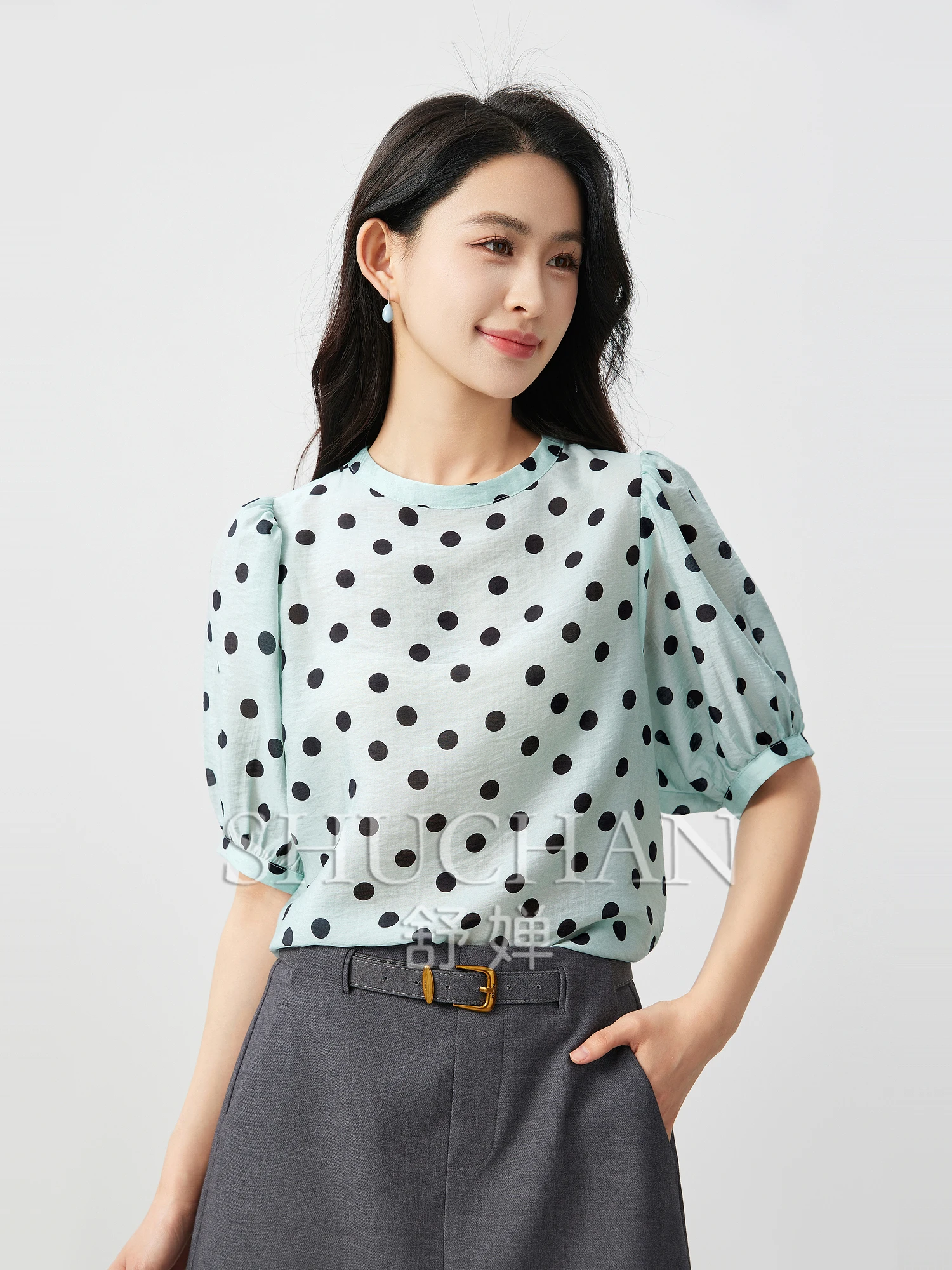 

Summer French Light Retro Lyocell Blended Polka Dot Print Round Neck Thin Shirt Women Blouse Blusas De Mujer
