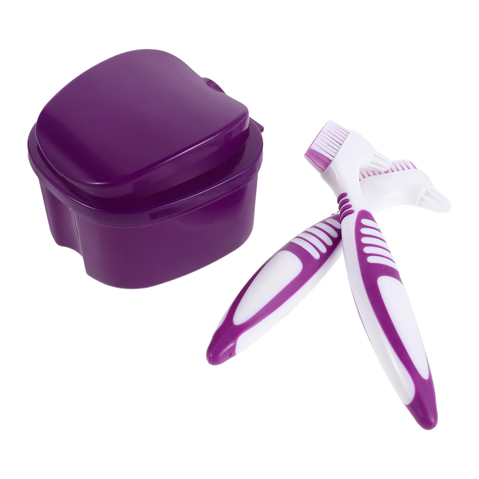 

1Set Denture Care Kit Purple Travel Denture Cleaning Box False Teeth Brush Double Sided Retainer Holder Braces Soak Container