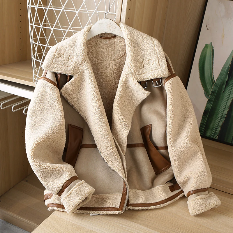 CNlalaxury 2023 Winter Women Thick Warm Vintage Patchwork Suede Lambswool Jackets Loose Faux Leather Outerwear Top Female