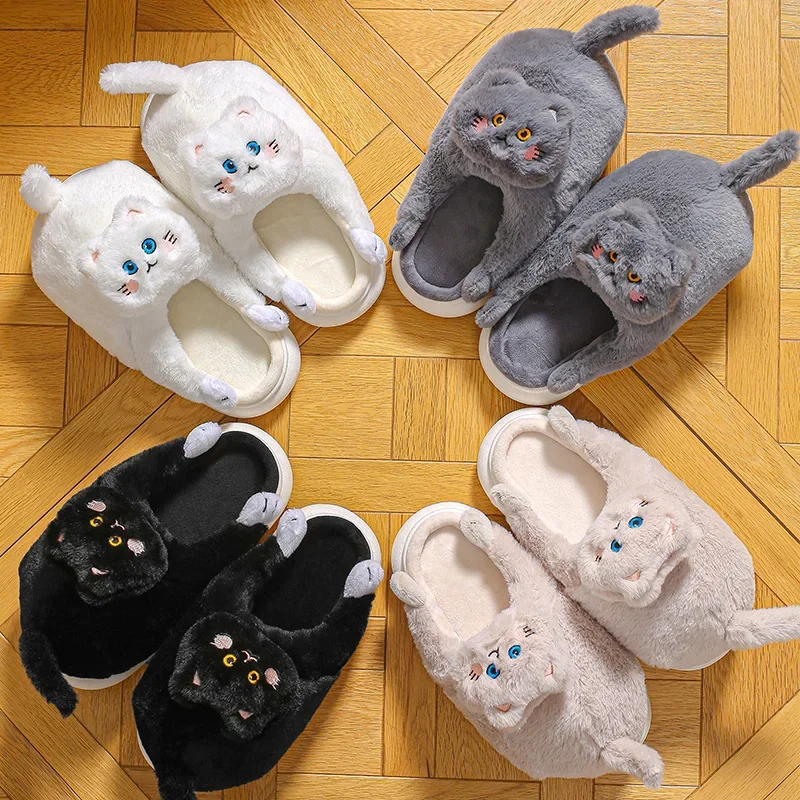 Cat Slippers Women Men Winter Home Slides Kawaii Floor Shoes Furry Slippers Girl White Mules Funny Cute Gift Slippers 2024