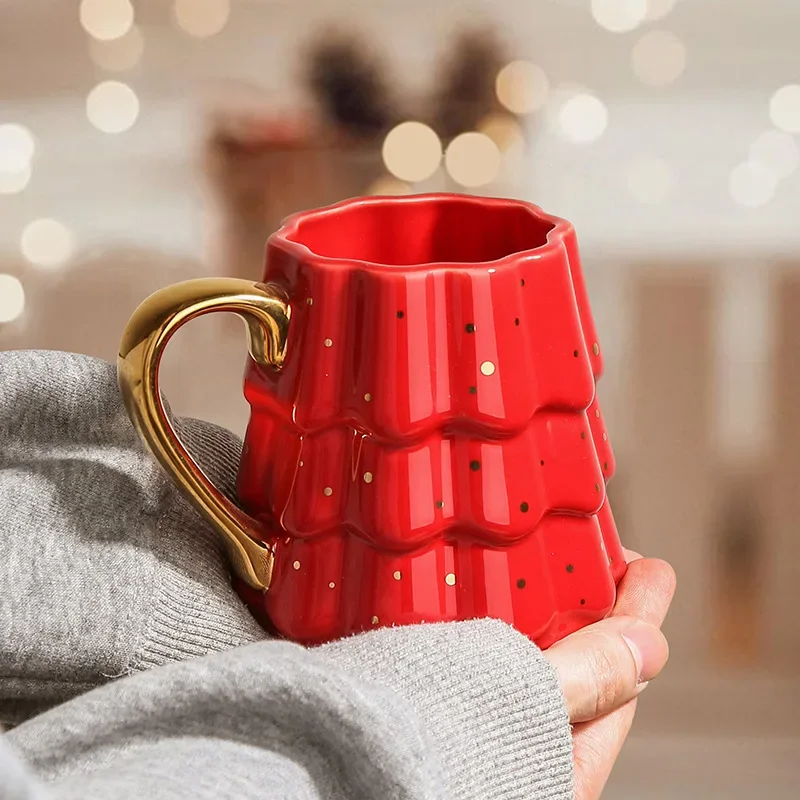 Christmas Tree Ceramic Mug with Gold Handle, Couple Pair Coffee Cup, Christmas Gift Set with Gift Box