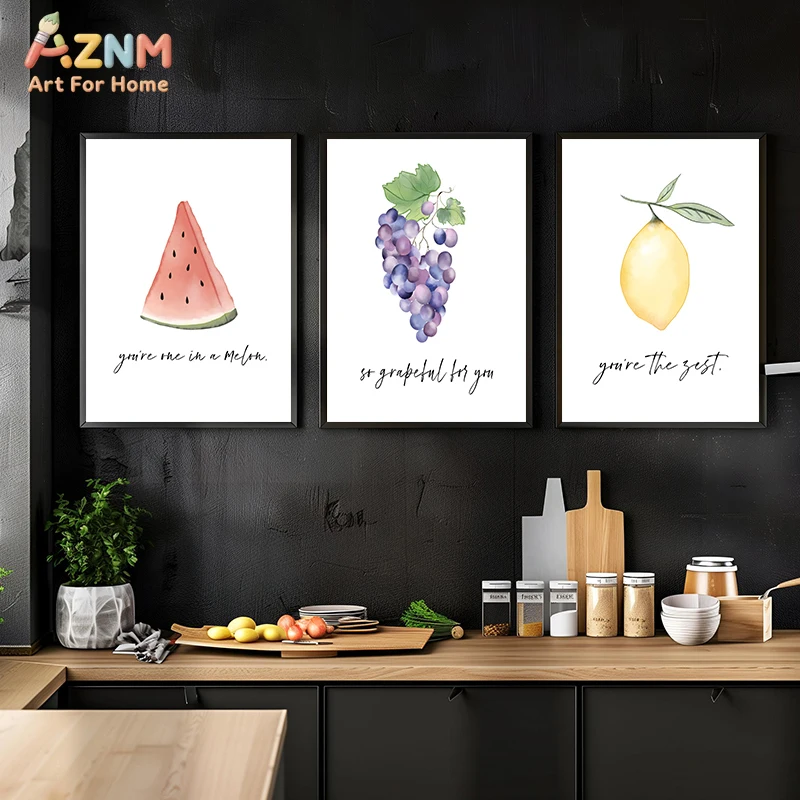 AZNM Watercolor Fruits Vegetables Canvas Wall Art, Cute Pun Typography Lemon Peach Grape Aesthetic Kitchen Dining Room Home Wall