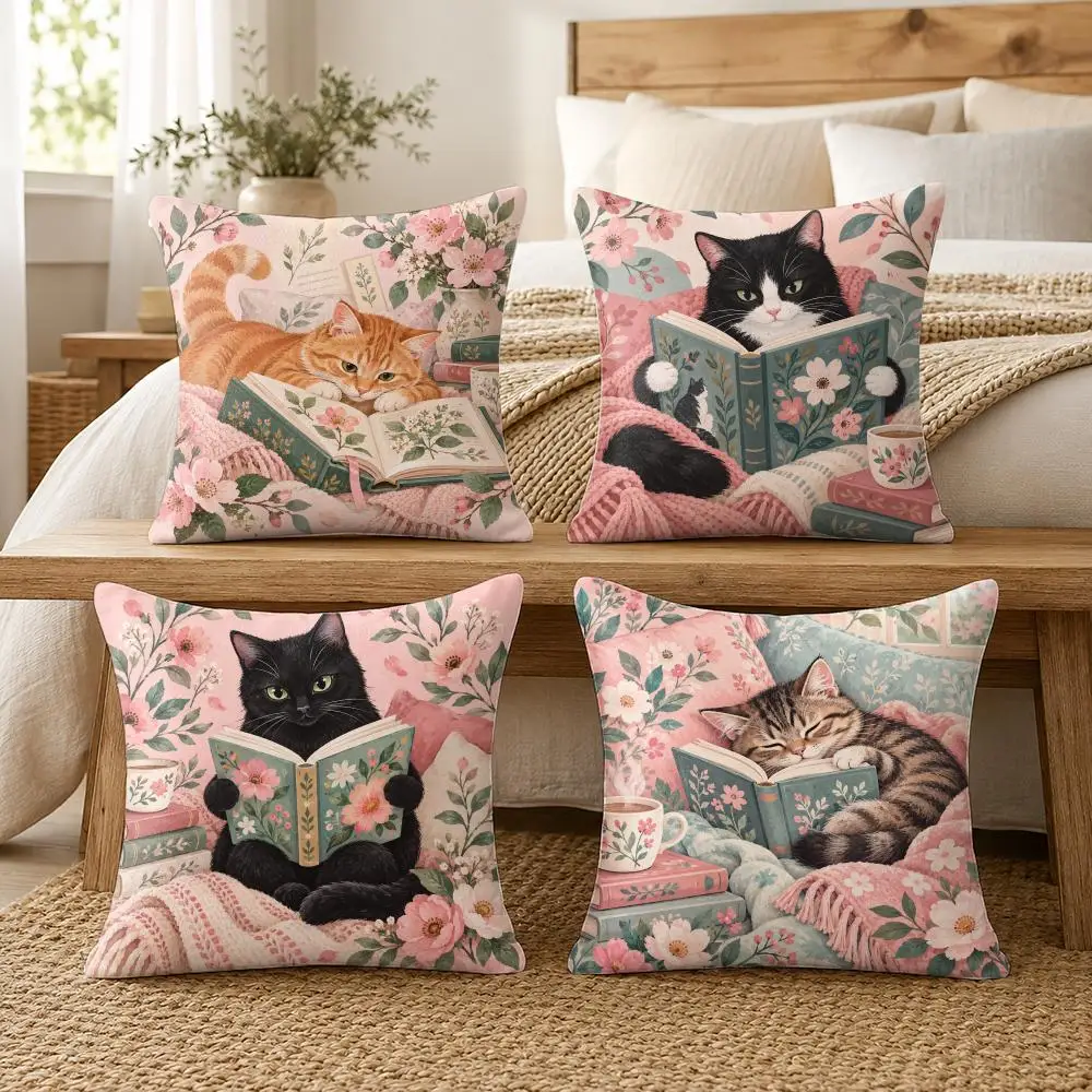 Whimsical Reading Cat Cushion Cover Soft Short Plush Pillow Cases Hidden Zipper Cutecore Sofa Bedroom Home Decor Gift
