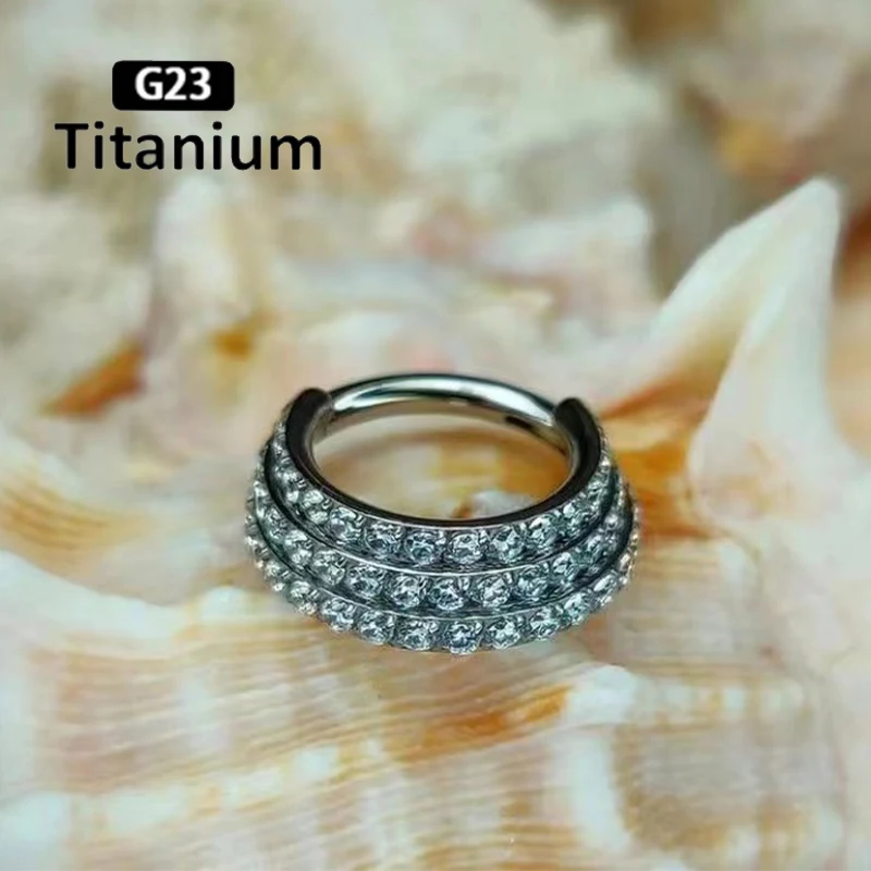 G23 Titanium Piercing Earrings Three Row Zircon Clicker Hight Segment Nose Rings Septum Conch Tragus Ear Nose Helix Piercing 16G