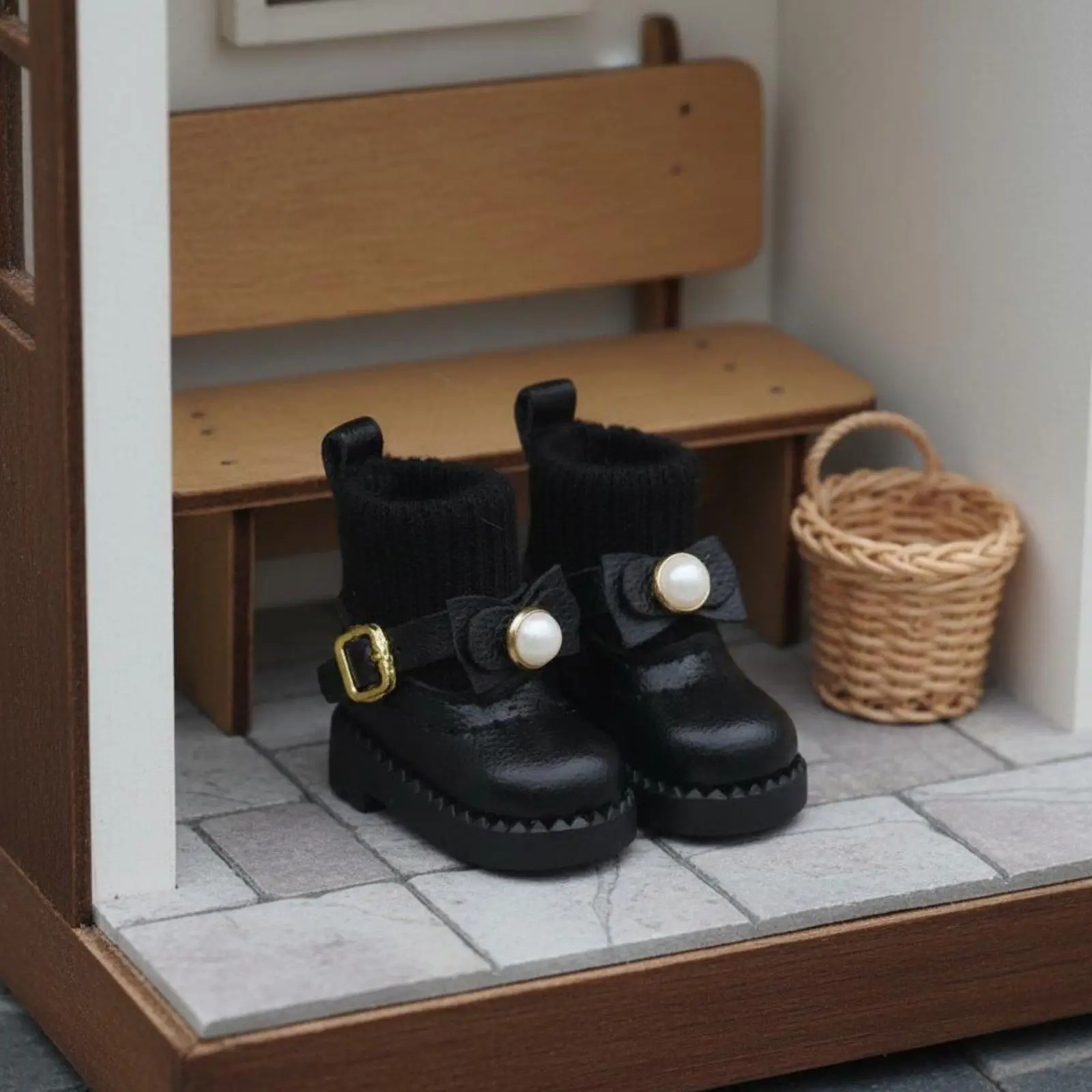 Elegant Black White Pink Doll Boots for OB11 BJD Dolls with Knitted Top Faux Leather Base Pearl Bow Detail Secure Fit