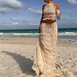 Boho Sexy Backless Matching Suit para mulheres, roupas de férias na praia, Vintage Ruched Halter, Cami Tops, Maxi Saia Longa, Festa, 2 peças