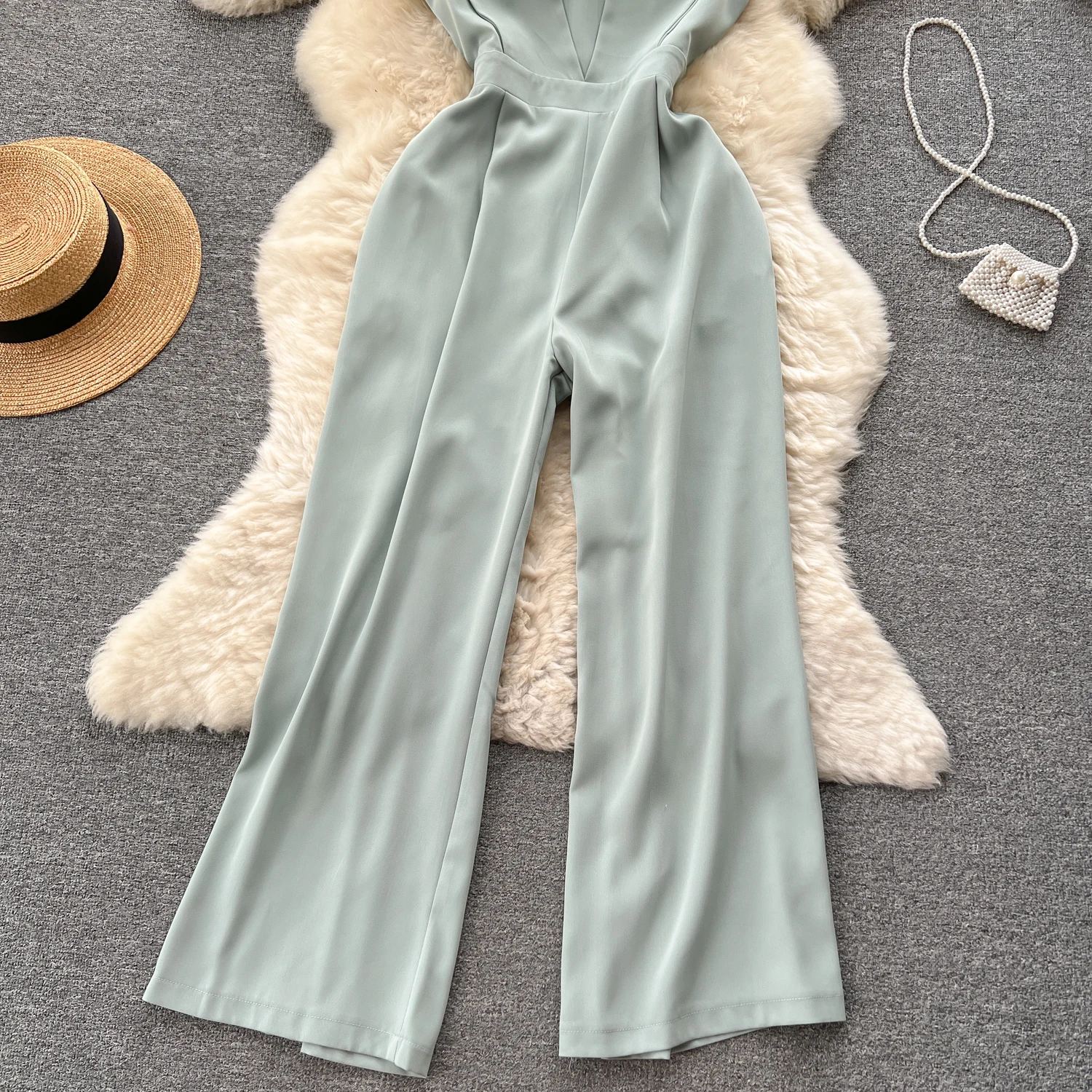 Korean Sle Square Collar One-Piece Pants High Waist Wide Leg Slimming Straight Cut Women's Suit Commute Summer 2023