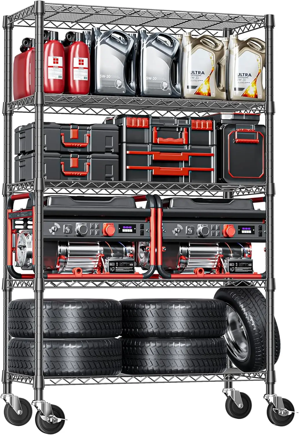 

5-Tier Heavy Duty Steel Wire Shelving with Wheels, 1750 lbs Capacity, Black Storage Rack for Garage, Kitchen, Office, Laundry, B