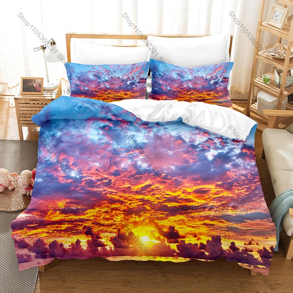Warm Sunrise Three-piece Suite, Dreamy Sky Gradient Pattern, Soft Touch, Durable and Breathable Beautiful Sunrise Scenery