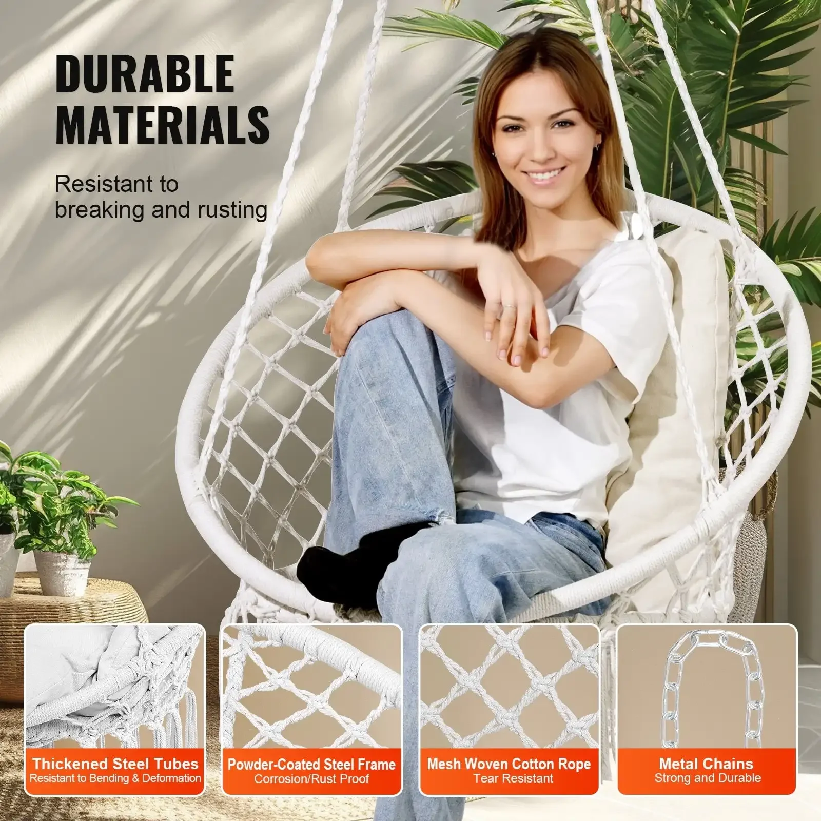 Cadeira de balanço de rede Macrame Cadeira suspensa com almofada interna externa