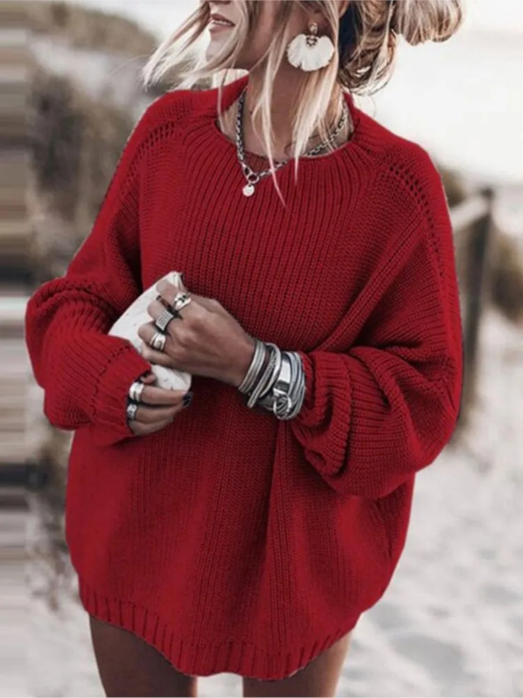 

New Simple Commuting Solid Color Round-neck Knitwear Autumn And Winter Women's Loose Casual Bat Sleeve Sweater Versatile Tops