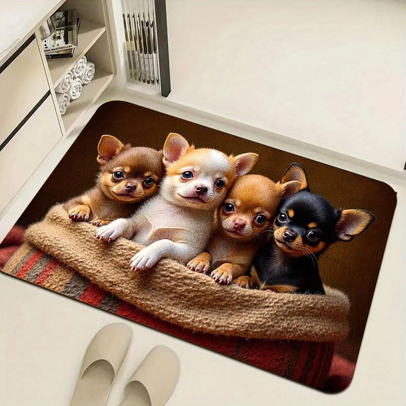 Cute Chihuahua Puppies Doormat, Four Dogs Rug, Pet Lover Welcome Mat, Non-Slip Entryway Carpet, Cozy Home Floor Decor