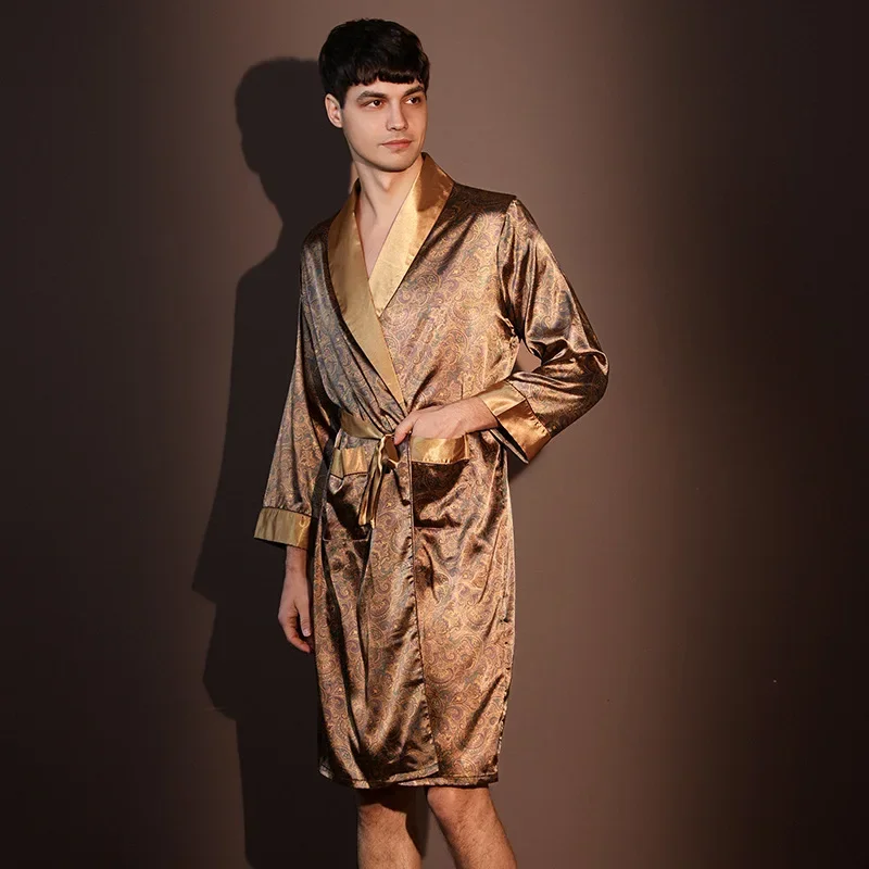 High Quality Nightrobes Men Summer Thin Bathrobe Large Size Ice Silk Printed Pajamas One-piece Robe Male Loungewear Gents Spring