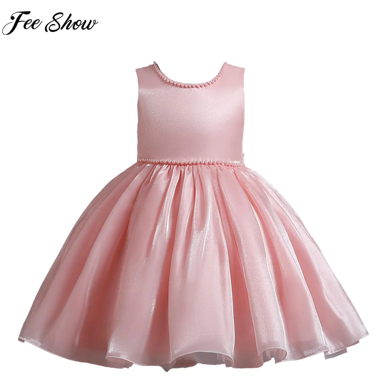 

Kids Wedding Flower Girls Dress Sleeveless Bow Satin Beading Princess Party Dresses Tulle Tutu Gown for Birthday Pageant Evening