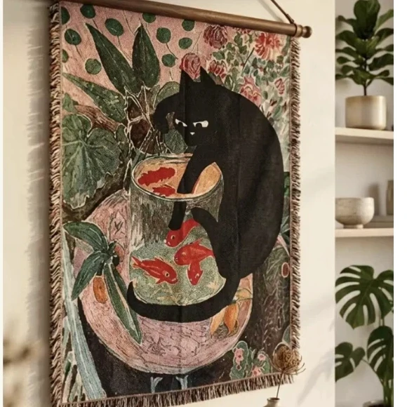 Vintage Cat and Goldfish Tapestry Boho Woven Wall Hanging with Botanical Garden Design Black Cat Art Throw Blanket Home Decor
