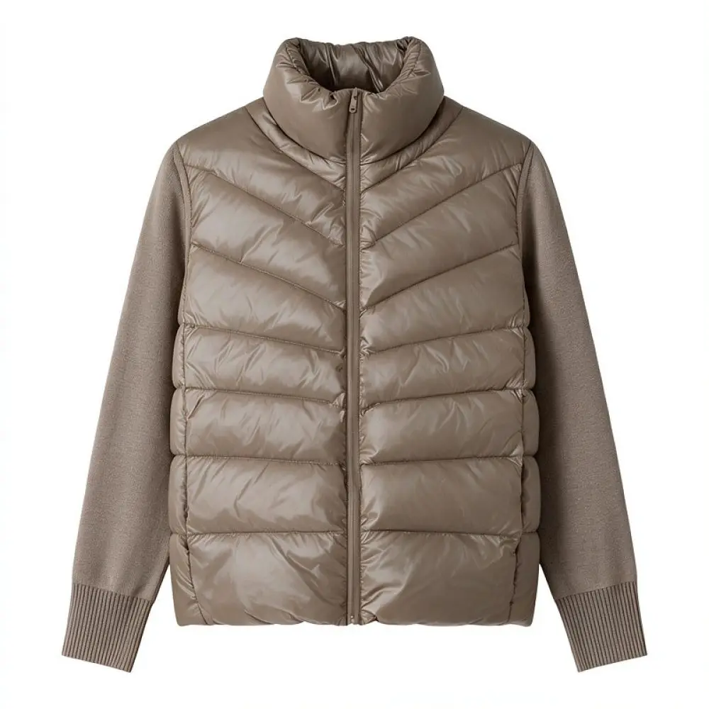 Winter Down Jacket Women Short Coat Knitted Patchwork Duck Down Padded Warm Outwear Casual Lapel Zipper Solid Color Parka