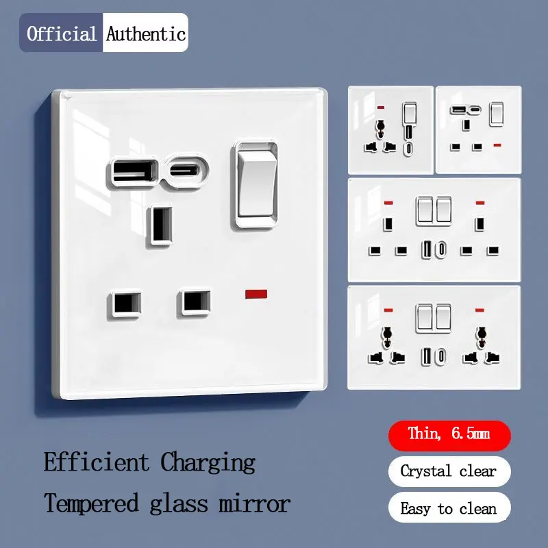BLACK GREY Concealed Wall 86/146 Type Multi-Function Socket with 3/5-Hole Tempered Glass Panel And USB Type-C 20W Fast Charging